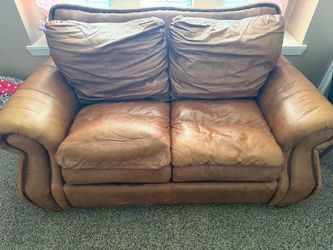 Brown Leather Loveseat with Nailhead Trim