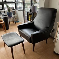1960s Black Leather Reading Chair W Ottoman