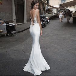 Simple Boho Wedding Dresses for Bride 2023 Mermaid Lace Spaghetti Straps V Neck Beach Bridal Gown