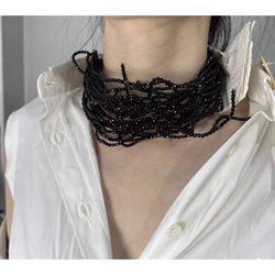 Brunello Cucinelli Beaded Black Spinel Multi Strands Leather Collar Necklace