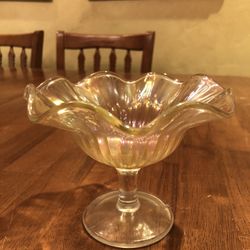 Vintage Iridescent Art Glass Stemmed Ruffled Edge Candy Bowl Dish 5.5”