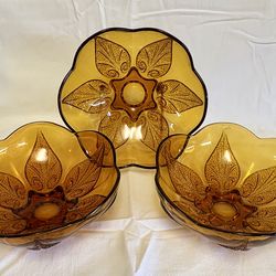 Indiana Glass Renaissance Beaded Leaf Amber glass dishes 1960’s