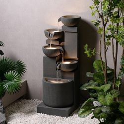 39.76” H 5-Tiers Cascading Bowls Outdoor Water Fountain Made with Eco-Friendly Recyclable Materials, Polyethylene Waterfall Fountain, Outdoor Decor wi