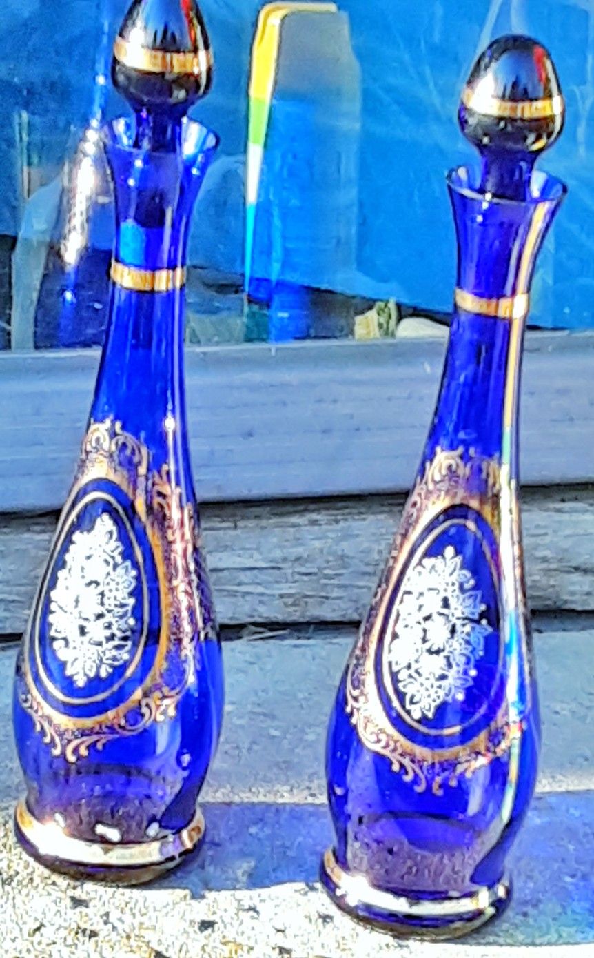 Tall 15" cobalt blue Italian Murano or Czech glass stoppered bottles or vases