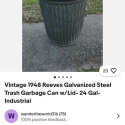 Vintage 1942 Reeves Galvanized Steel Trash Garbage Can w/Lid- 24 Gal-Industrial