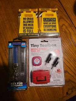 Novelty Gift Bundle – Mood Signs, Tiny Toolbox, Key Fob Keychain