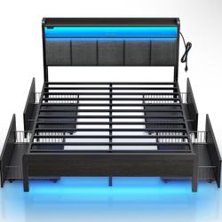 Rolanstar Bed Frame Queen Size with Charging Station and LED Lights, Upholstered Storage Headboard 