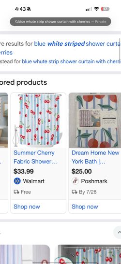 Cherry Blue and White Stripe Shower Curtain with Needle Stitched Design  Cherry Motif