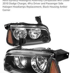 Auto Dynasty Headlights Assembly Compatible with 2006-2010 Dodge Charger, 4Pcs Driver and Passenger Side Halogen Headlamps Replacement, Black Housing 
