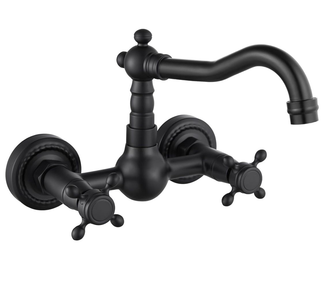 gotonovo Wall Mount 6 Inch Center Kitchen & Bathroom Faucet Double Cross Knobs Handle Vintage Mixer Tap 5.5 Inch Spout Reach Utility Faucet, Matte Bla