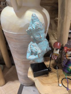Teal Patina Buddha Deity Figurine on Black Base
