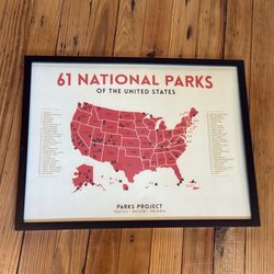 National Parks Framed Map Poster (Real Wood Frame Included)
