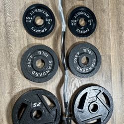 Beautiful BRAND NEW  Equipment: Curl Bar W/Cooper Bearings & Pair of Weight Plates 25s, 10s, 5s And 2.5 Pounds. (Total: 105 lbs)