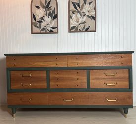 Cavalier Mid-Century Modern Solid Wood Dresser- Two Tone Green and Natural Wood