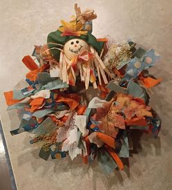 Handmade Mini Fall Scarecrow Rag Wreath – Rustic Autumn Decor
