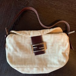 Authentic FENDI Zucca Mamma Canvas Leather Shoulder Bag (Cream White)