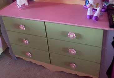 Girls bedroom set bed size twin with mattress desk and  6 drawers dresser and stool