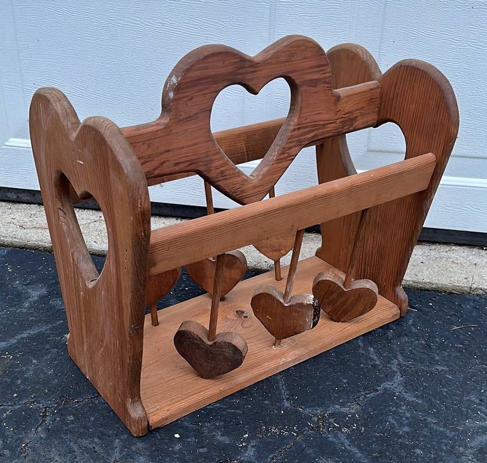 Antique Solid Wood Love Heart Magazine Rack