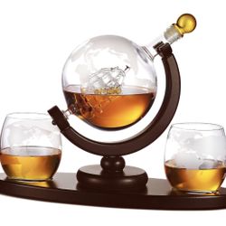 Whiskey Wine Decanter Globe World Set with 2 Etched Glasses for Liquor Scotch
