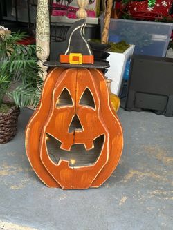 Kirklands Wooden Lighted Halloween Pumpkin 14.5x26