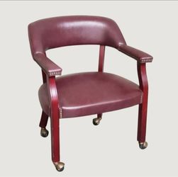 Vintage Burgundy Oxblood Vinyl Desk Arm Chair Nailhead Wood Legs Casters MCM