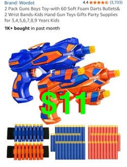 2 Pack Guns Boys Toy-with 60 Soft Foam Darts Bullets& 2 Wrist Bands-Kids Hand Gun Toys Gifts Party Supplies for 3,4,5,6,7,8,9 Years Kids