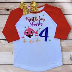 3T/4T Personalized Colorful Rainbow Birthday Shark 4th Birthday Shirt & Bow