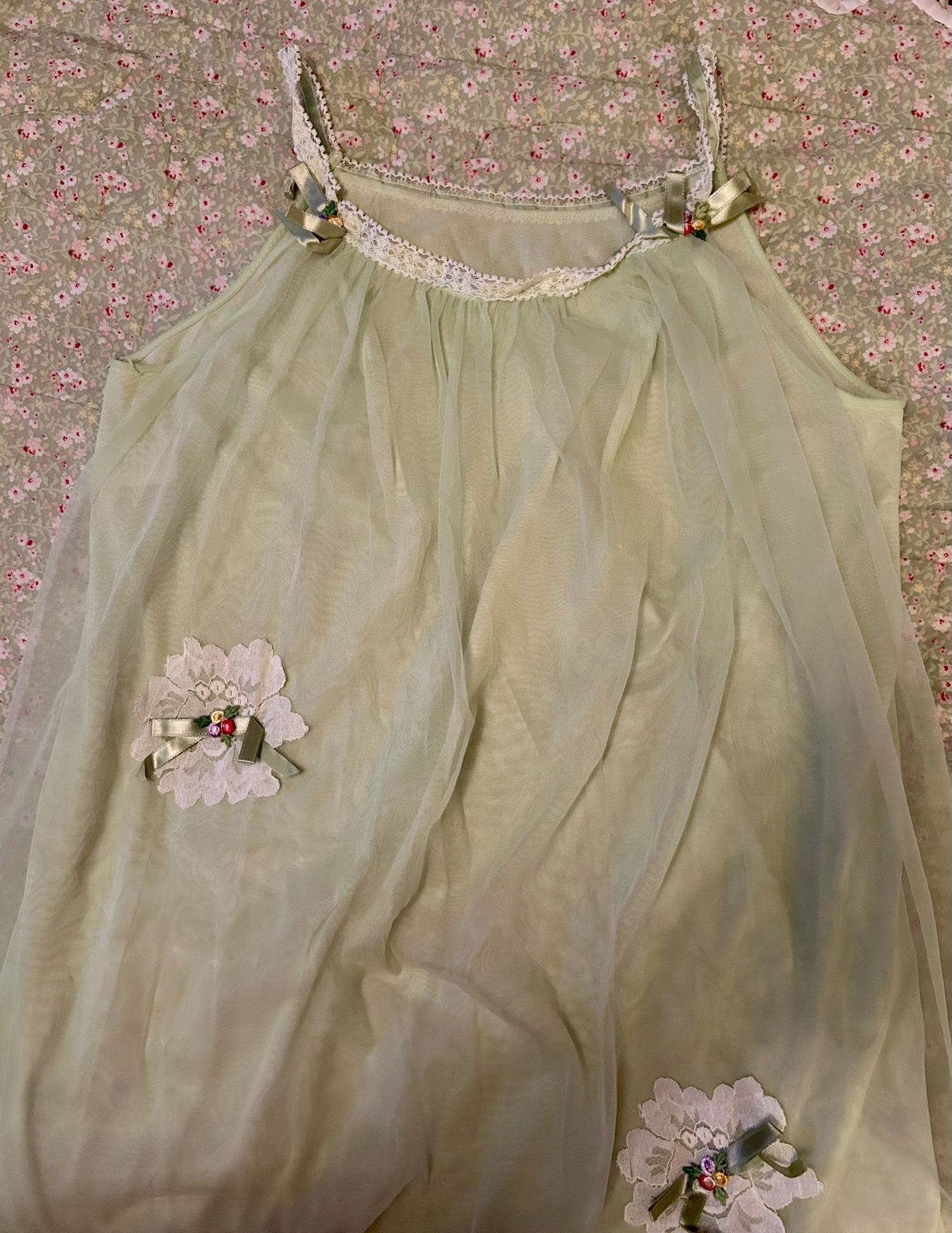 Vintage Nightgown Light Green 2-Layer Nylon & Chiffon M