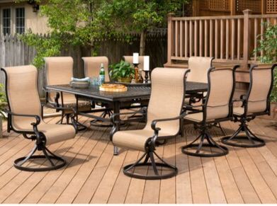 Hanover Brigantine 9 -Piece Espresso Bean Patio Dining Set Aluminum Rectangle Table with 8 Tan Swivel Rocker Chairs
