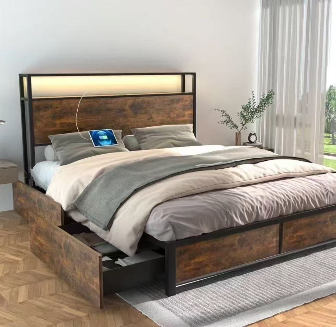 QUEEN Bed Frame with Storage Headboard & 4 Drawers $140