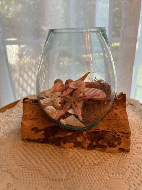 New, Firm, PI#1 Molten Glass and Teak Driftwood Centerpiece Bowl/Sculpture- Unique 7-1/2-Inch Earthy Artistry w/ a beach Pink Beach Theme