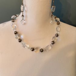 Necklace  & Earrings Women’s Crystal And Silver -18” Long