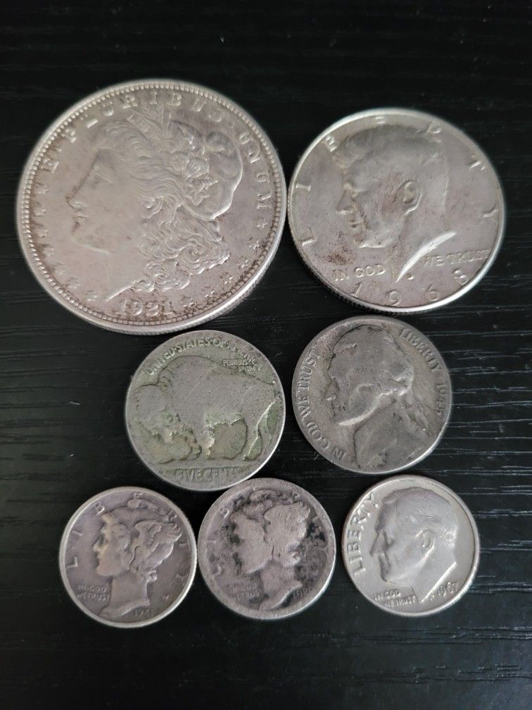 Lot of 7 U.S. Silver & Collectible Coins – Morgan Dollar, Kennedy Half, Mercury Dimes & More