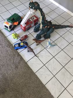 Spike The Ultra Dinosaur Fisher-Price, 3 Dinosaur Action Figures, Fire truck , Recycling Dump Truck Boys Lot Toys
