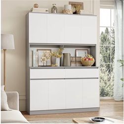 New White Pantry Cabinet Hutch with LED Light – 55” Storage Cabinet, Coffee Bar, Microwave Stand