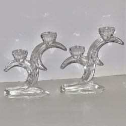 Vintage Leaded Crystal Double Arm Candlestick Holder Art Deco Crescent Moon Design