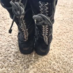 Ugg Black Suede Tasman Flat Boots Women's Size 9 Lace Up Back Shearling Footbed