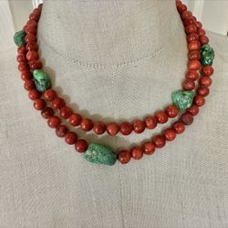  Sterling Silver Coral & Green Magnesite (maybe turquoise) Double-Strand Necklace