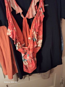Variety collection of 5 comfy women's shirts, 1-flowery bathing suite,  & 2 big beige comfy sweaters