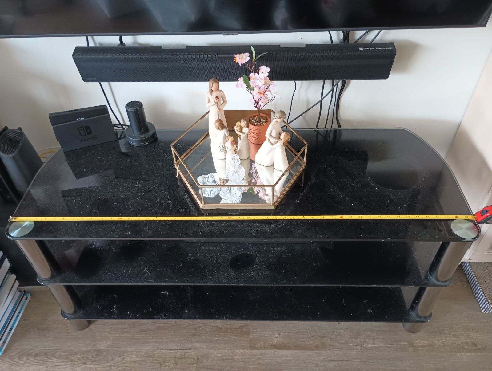 TV Stand, black smoked glass with 2 shelves. 