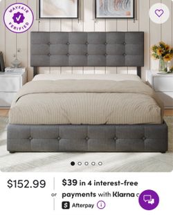 Gray Queen fabric upholstered platform bed frame with a button-tufted headboard and matching tufted base. Clean, modern design with low-profile legs.