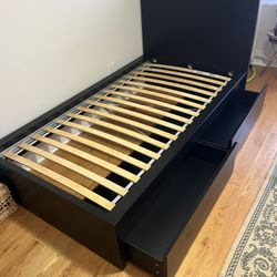 High bed frame/2 storage boxes /mattress , dark brown veneer, Twin