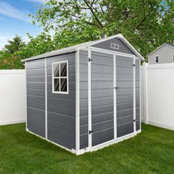 6ft x 6ft Plastic Outdoor Storage with Floor and Lockable Door Plastic Garden Shed for Backyard, Lawn, Gray