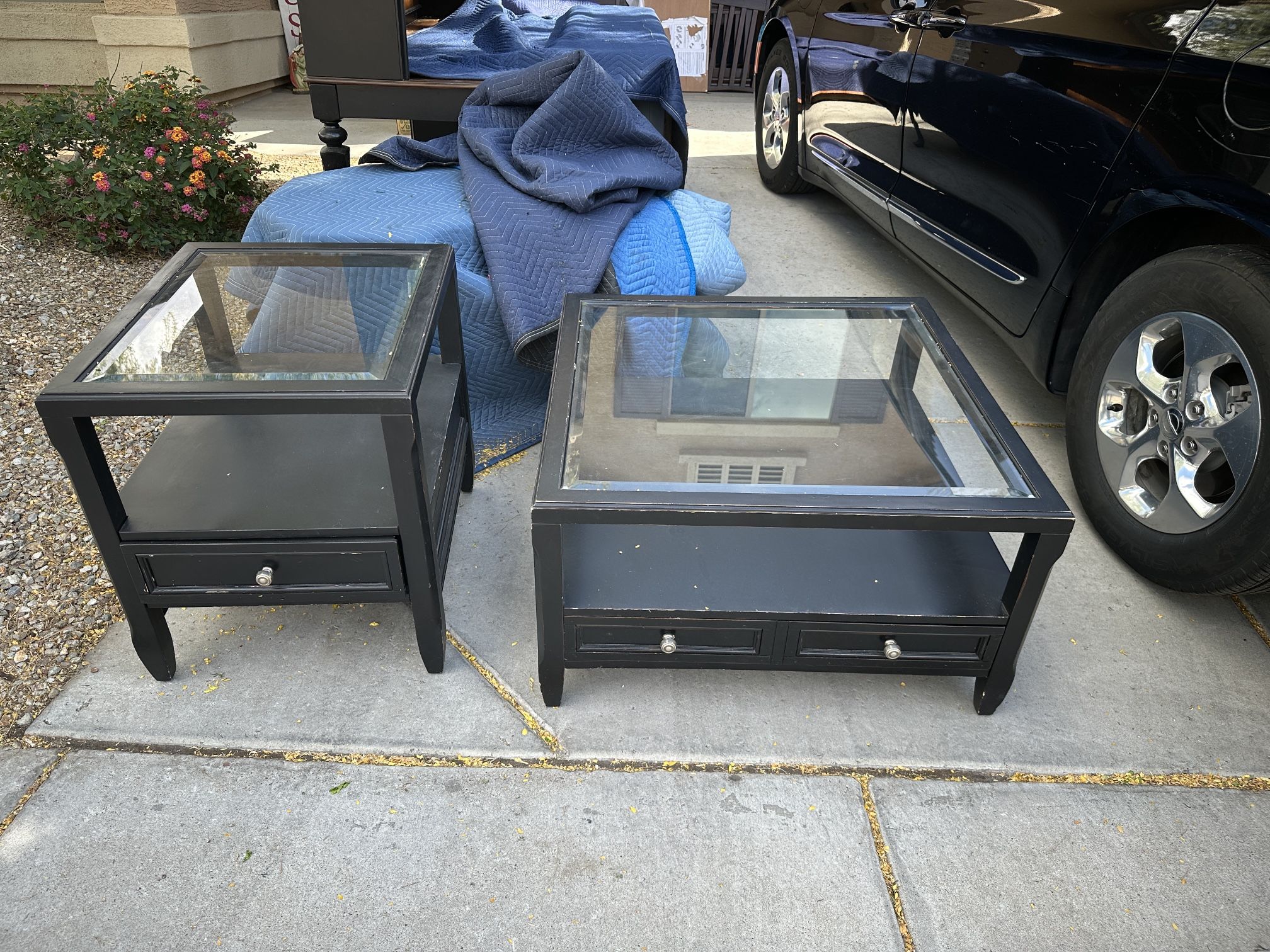 Black Wood Glass Top Coffee & End Tables Set W/Drawers