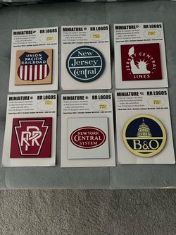 6 Miniature Railroad Logos. 3 3/4 x 3 3/4, Never Used, Perfect for Coasters, Hobby Rooms, wall design