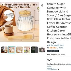 holoith Glass Sugar Container w/ Bamboo Lid & Spoon 15 oz Jar