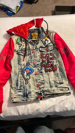 Makobi Denim Jacket with Red Hoodie Sleeves
