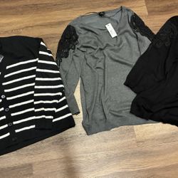 3  Woman’s Tops Lane Bryant 18/20 Cropped Stripe Button Cardigan Worthington Sweaters Lace Shoulders All new with Tags