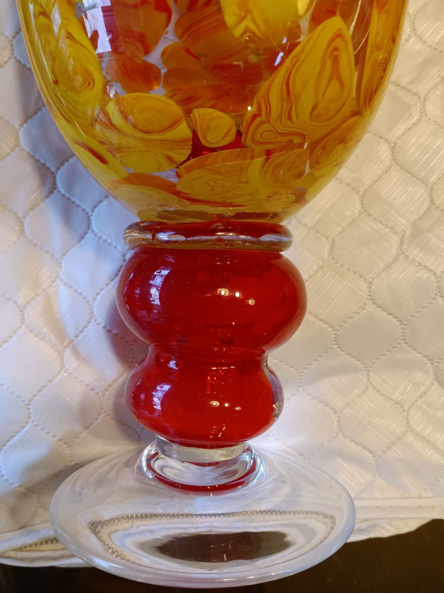 Vintage Murano red and yellow Splash swirl vintage vase excellent condition no chips or cracks beautiful stands 12 inches tall and 7 in wide at the to
