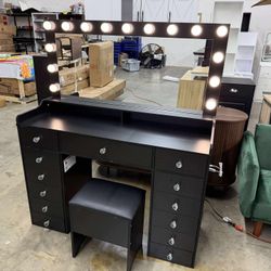 Vanity Desk with 13 Drawers, 47’’ Large Mirror and 15 LED Lights(little crack, missing pieces)